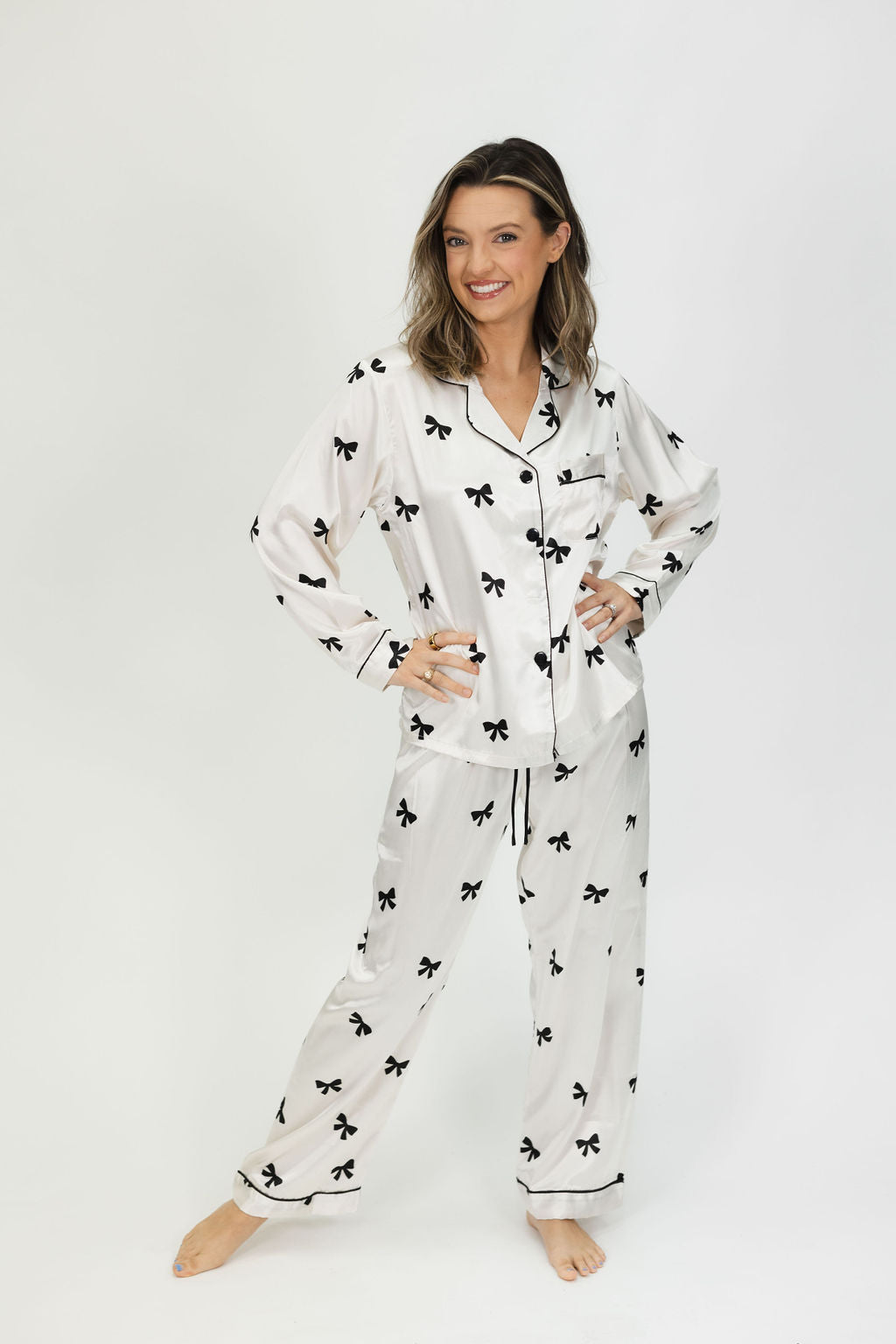 Ivory Bow Satin Pajama Set