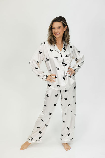 Ivory Bow Satin Pajama Set