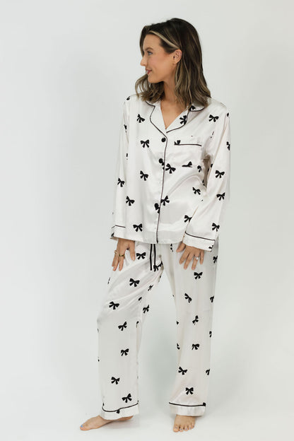 Ivory Bow Satin Pajama Set