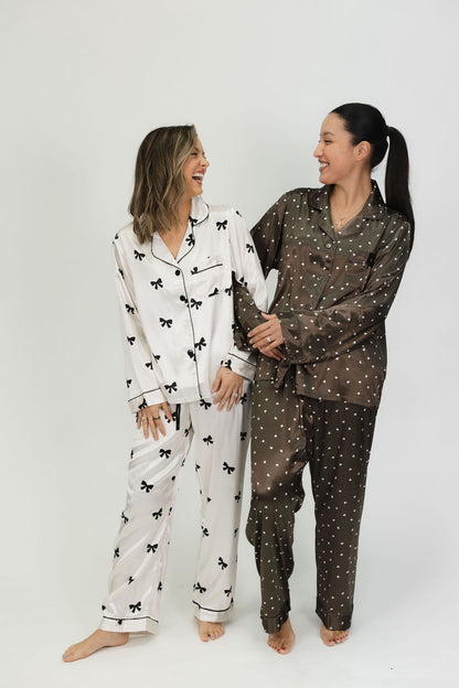 Ivory Bow Satin Pajama Set