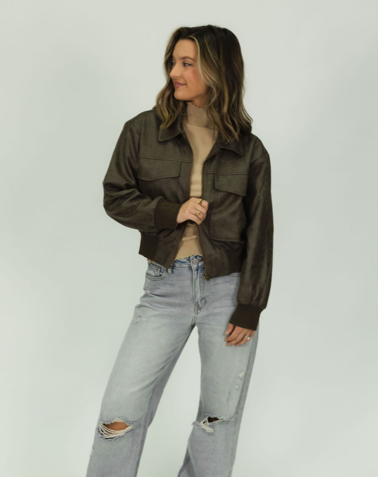 Mocha Leather Bomber Jacket