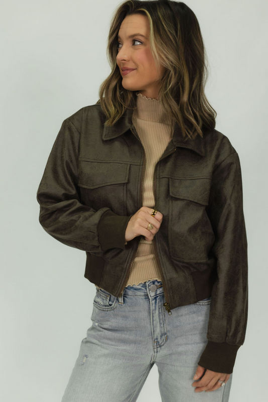 Mocha Leather Bomber Jacket
