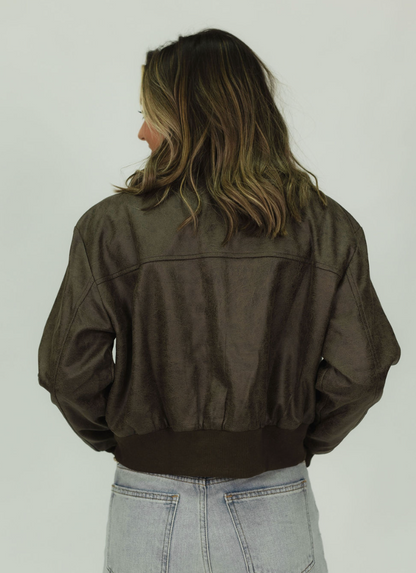 Mocha Leather Bomber Jacket